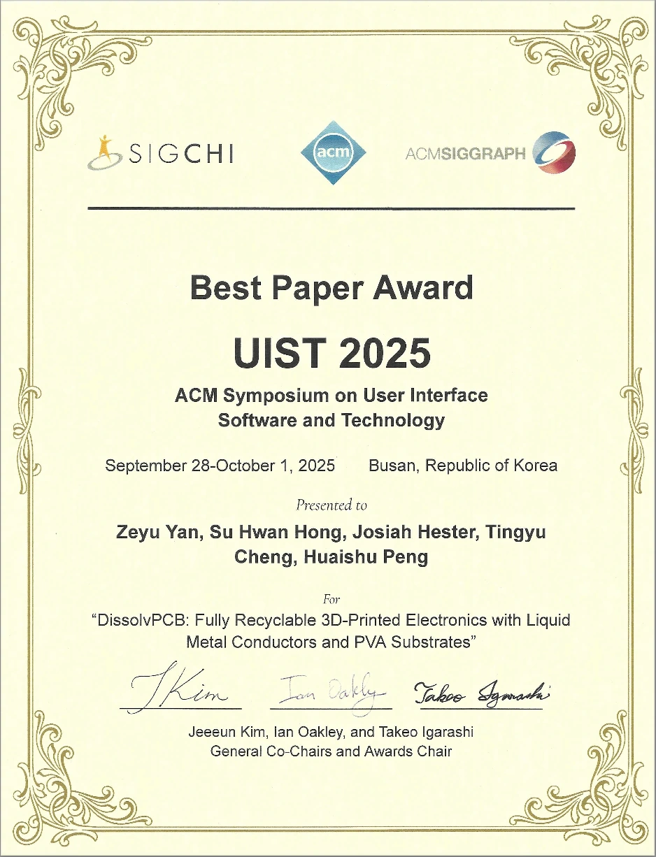 UIST 2025 Best Paper Award certificate for DissolvPCB