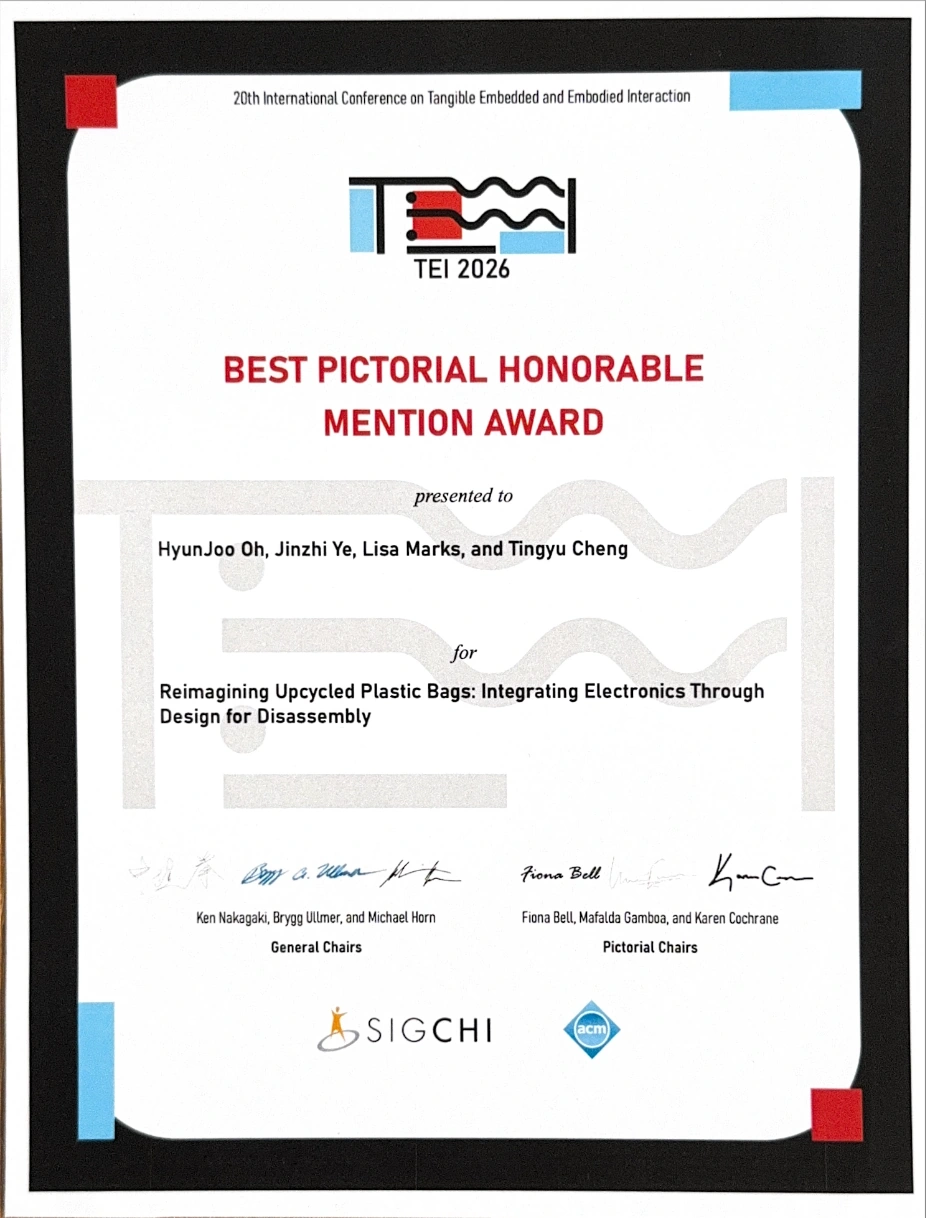 TEI 2026 Best Pictorial Honorable Mention certificate for Reimagining Upcycled Plastic Bags